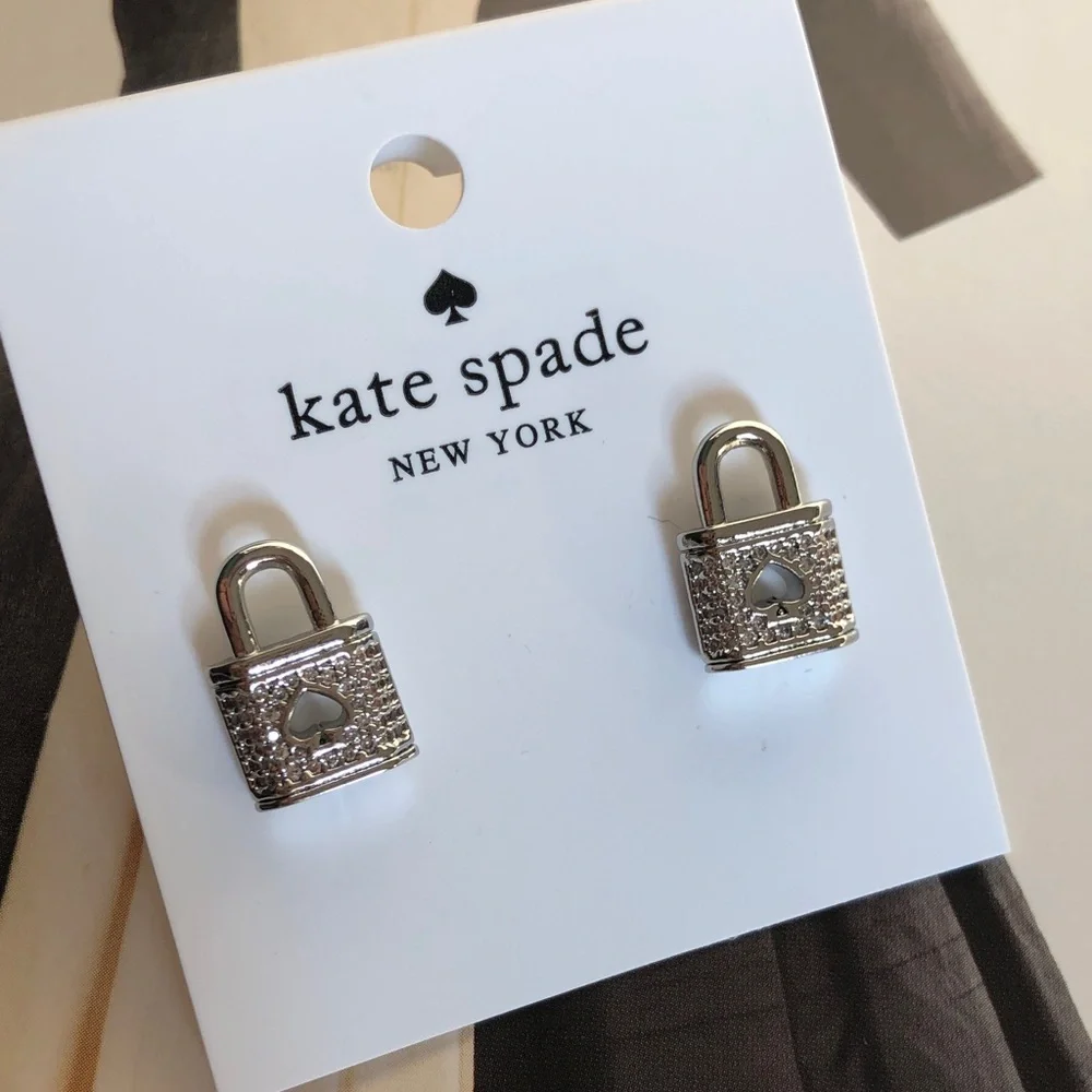 Authentic New on card Kate spade silver crystal lock earrings